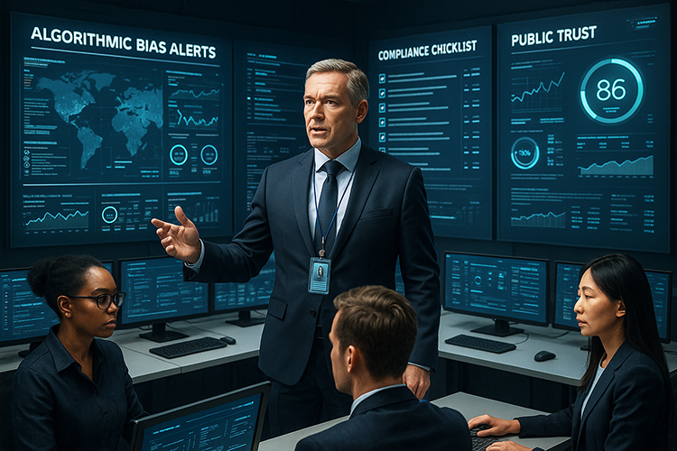 Algorithmic bias checklist, compliance checklist and public trust graph projected in data room.