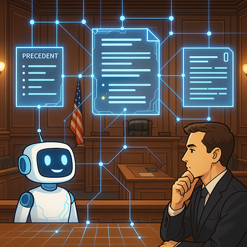 Robot talks precedet with an attorney, cartoon style