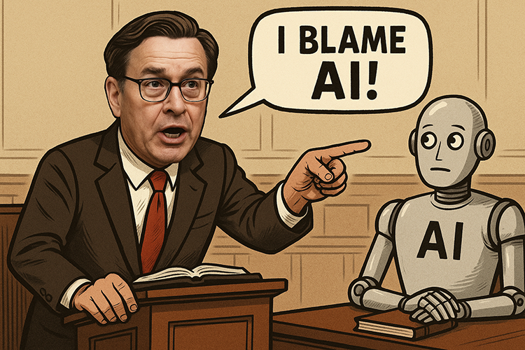 Lawyer in court pointing at cartoon AI robot, saying "I blame AI!" in a thought bubble.