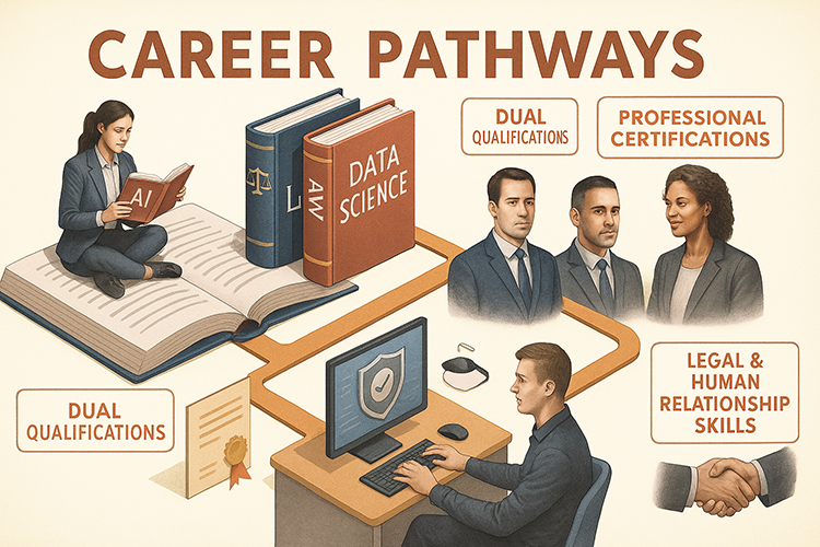 Infographic on Career Pathways: data science, dual qualifications, professional certifications, legal and human relationship skills.