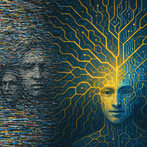 three heads, first obscured by patterns, then emerging, then a clear digital head.
