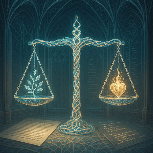 Beautiful Celtic scales of justice with a branch on one side and a heart on the other.