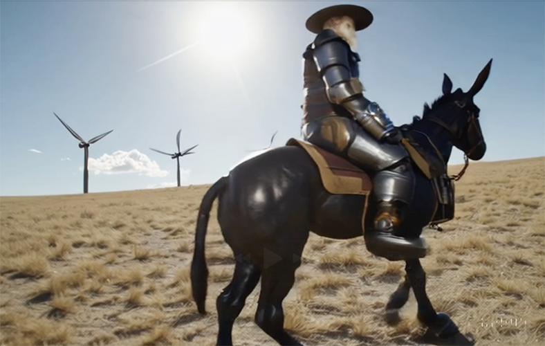 Don Quixote on his horse, with wind power steel windmills in the offing.