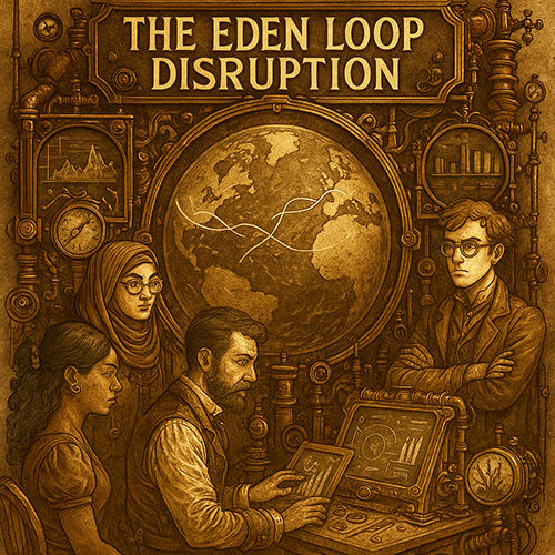 The Eden Loop Disruption, wih four people around a computer, with a globe showing ocean currents or wind patterns.
