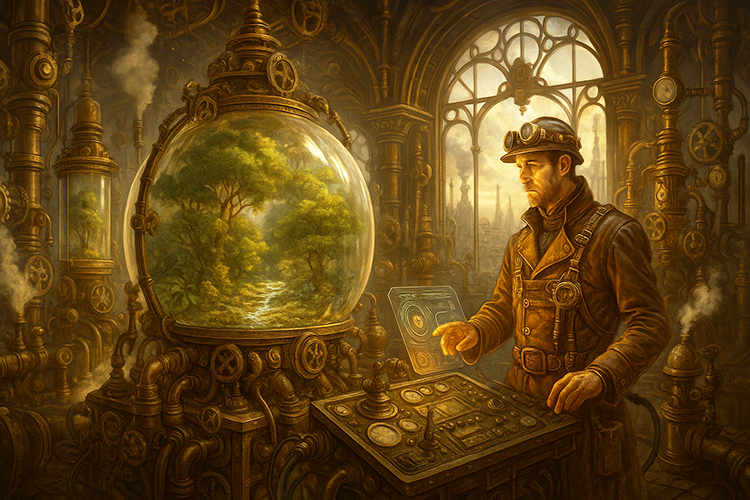 Man looking at steampunk terrarium in the shape of a globe. Man at control panel.