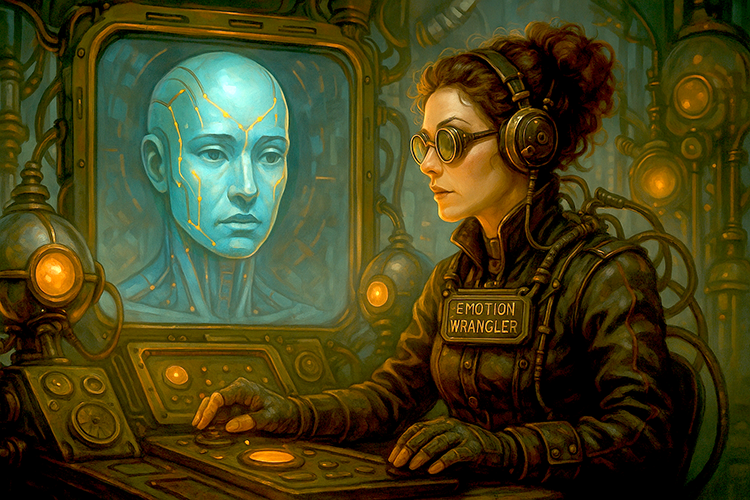Woman at computer, with "Emotion wrangler" label on her uniform.