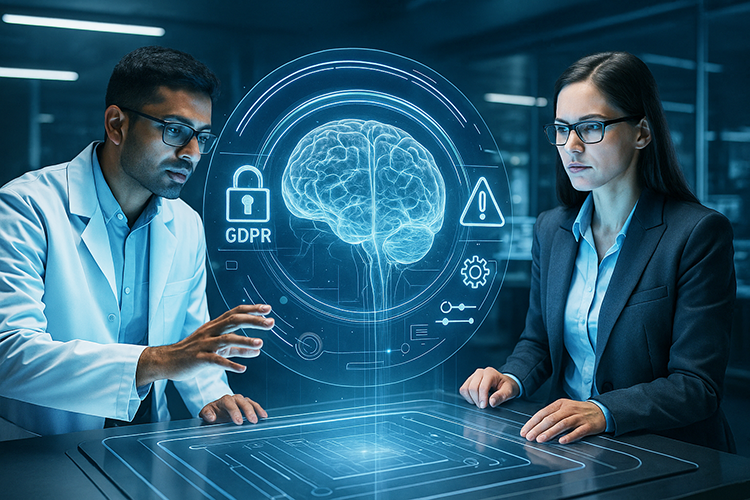 Two professionals in a digital environment with a brain, lock, gear, sliders and danger sign.
