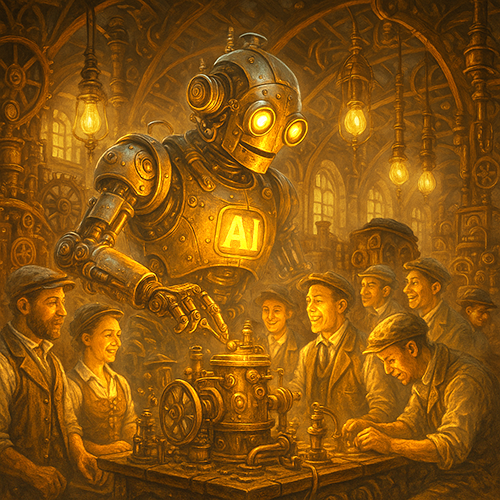 Eight happy artisans around a project, with a very large AI robot doing work on the project.