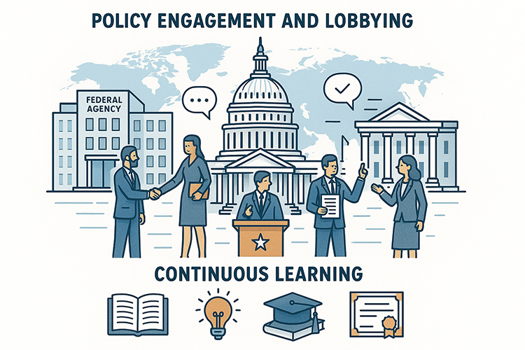 Infographic with Policy Engagement and Lobbying, Continuous Learning, people outside the capitol.