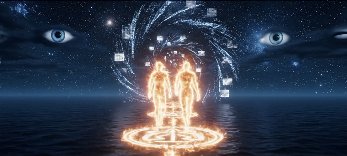 Illuminated humans in the galaxy, with two blue eyes in the heavens.