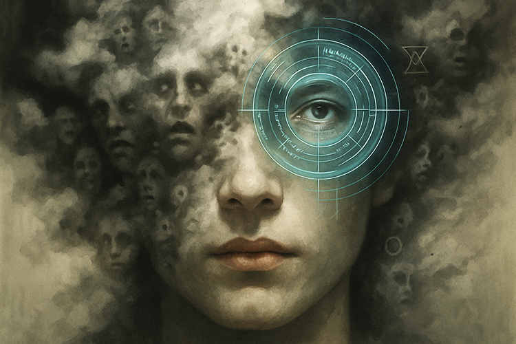 Woman with digital eye, disturbed faces in smoke her mind