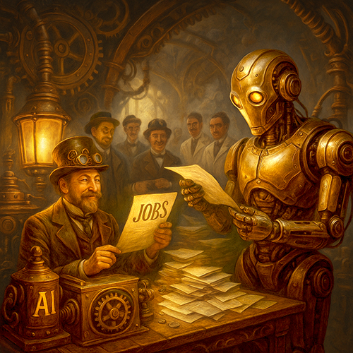 Man happy about jobs report, robot reading, five people looking on.