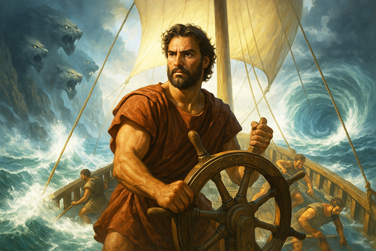 Odysseus steers the ship in a storm.