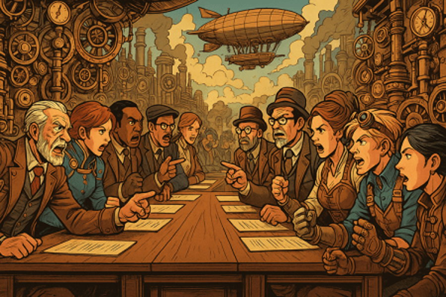 Ten people around a table arguing with a dirigible in the sky overhead.