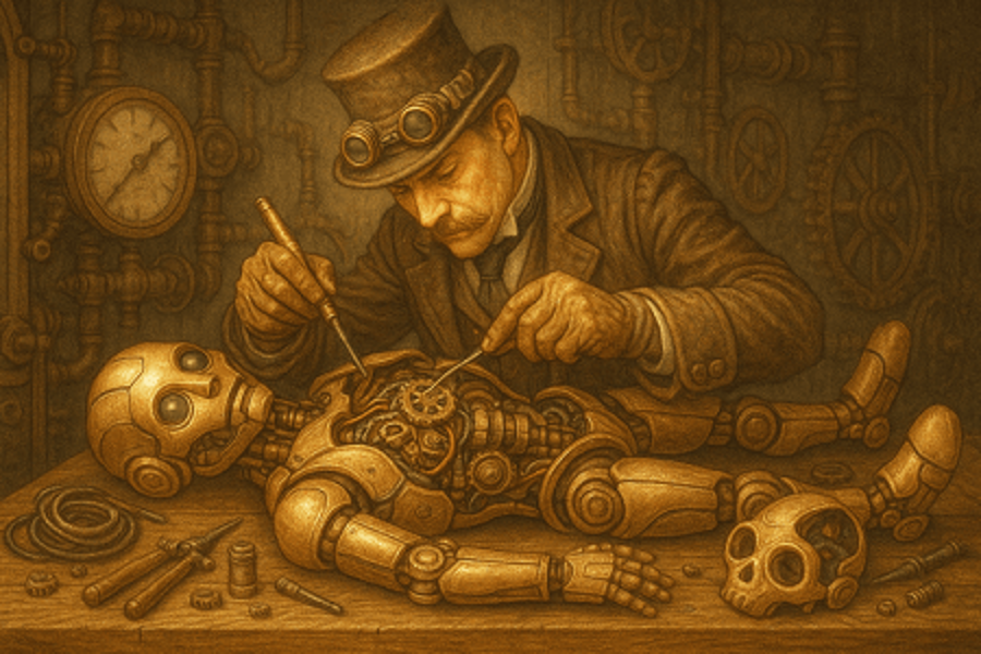 Man dissecting a robot.