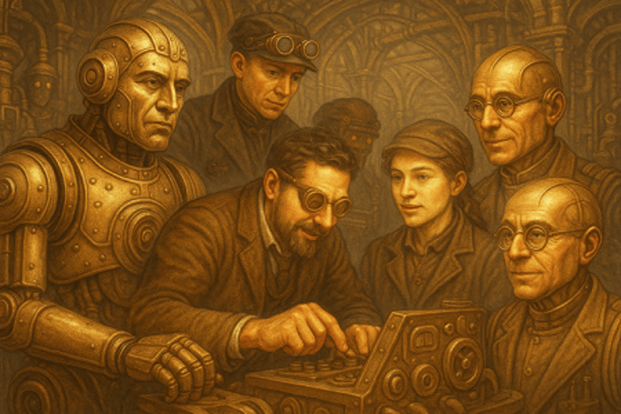 Half a dozen onlookers over the shoulder of a goggled engineer guiding the AI