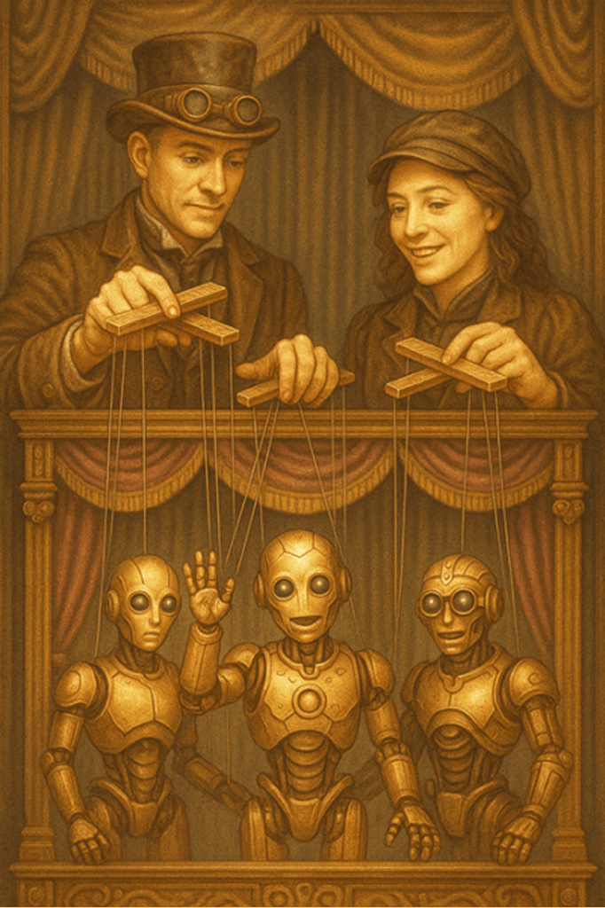 Two human puppeteers with three robot puppets.