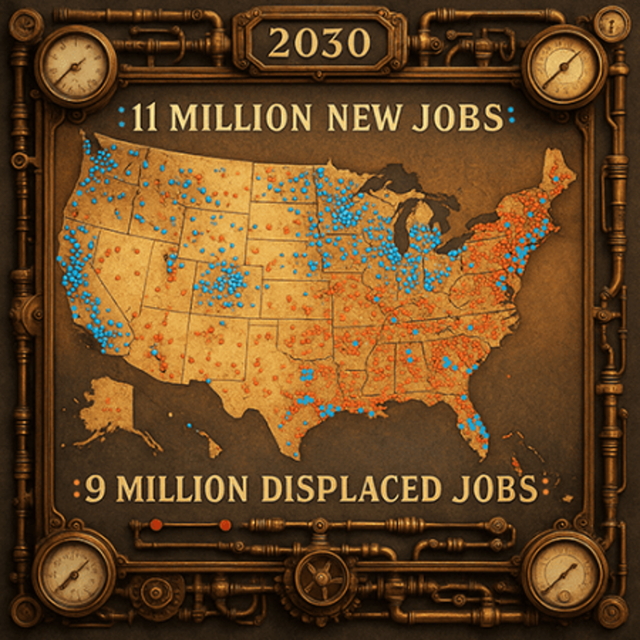 Fabricated 2030 US map showing 11 million new jobs