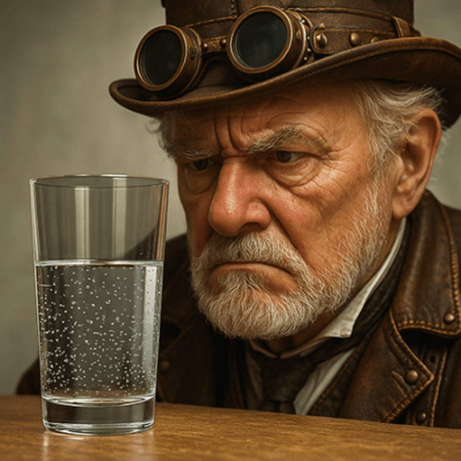 Cranky looking man staring at a glass half full.