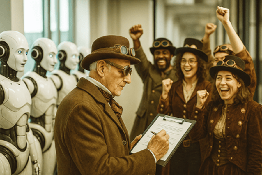 Man with checklist, 4 robots lined up, 4 people happily cheering.