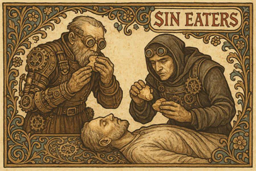 Man prone, with eyes closed, two men eating above him, label "Sin eaters."