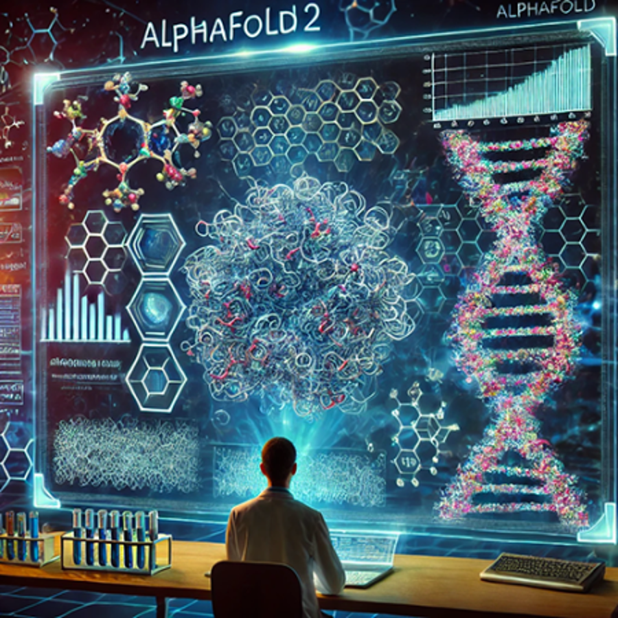 Scientist in front of Alphafold2, DNA helix, molecules on a big screen.