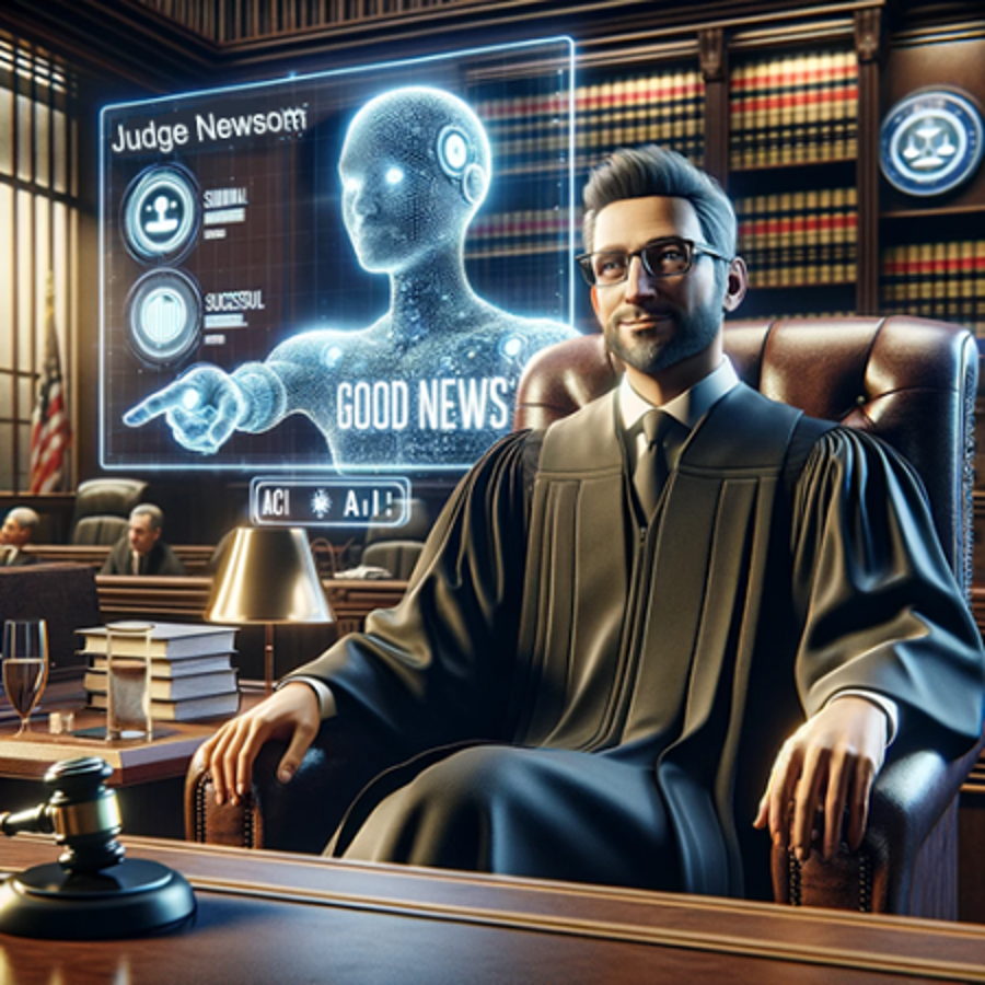 A law library, with young robed judge, with a digital display saying "Judge Newsom" and "Good news"