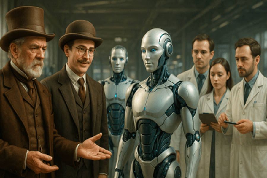 Two business men talking with two robots and three lab people.