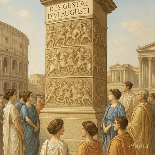 Roman citizens in togas surrounding a column with the coliseum and temples in the background.  It is seen with a historical scene in relief, "Res Gestae Divi Augusti"