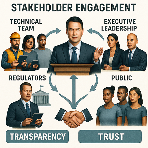 Infographic on stakeholder engagement, with the technical team, executive leadership, regulators and the public, with transparency and trust the values.