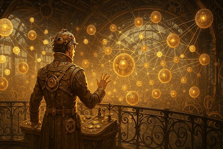 Man looking at what looks like an interactive communication map.