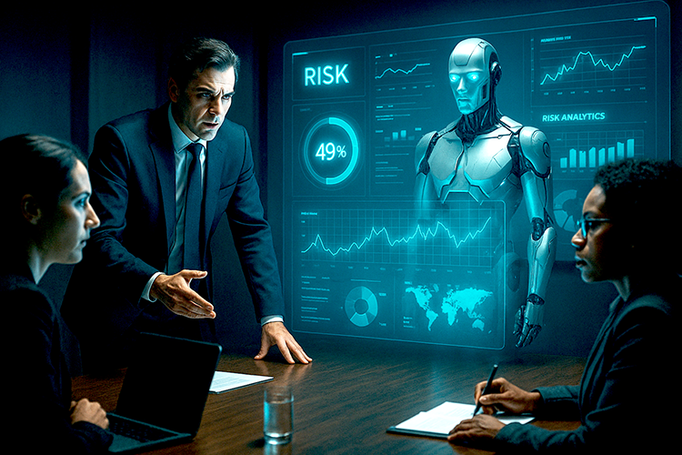Professional meeting around a conference table about risk with a projection on the wall