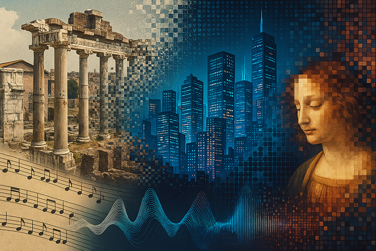 Ruins, a musical score, sound waves, a night city scene and a pensive woman.