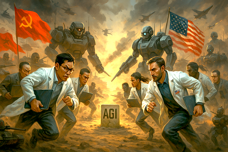 AGI in the middle of a pitched battle between AI scientists from China and the US, with robots and planes supporting them.