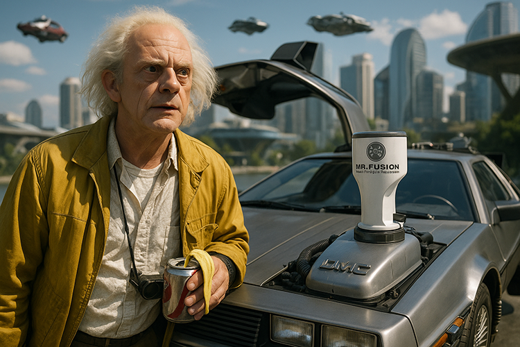 Back to the future, with Doc drinking a soda outside his car with the door opened up.