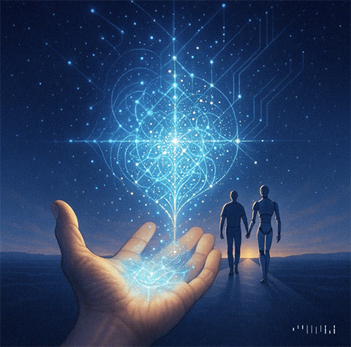 Two sillouettes walking toward the horizon in the background, in the foreground, an outstretched hand with digital lights in a pattern.