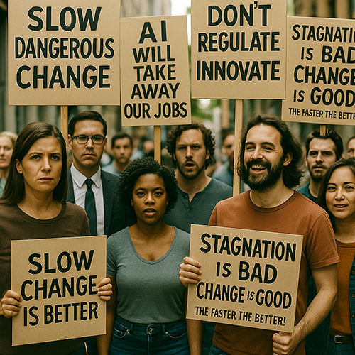 Protestors with signs: "slow, dangerous change", "ai will take away our jobs", "slow change is better", "stagnation is bad, change is good, the faster the better", "don't regulate, innovate."