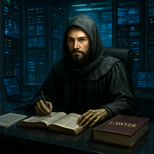 Bearded, hooded monk like lawyer with open old looking book.
