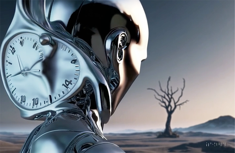 Desert scene with bare tree in background, robot or alien with surrealistic clock oozing out of the back of its head.