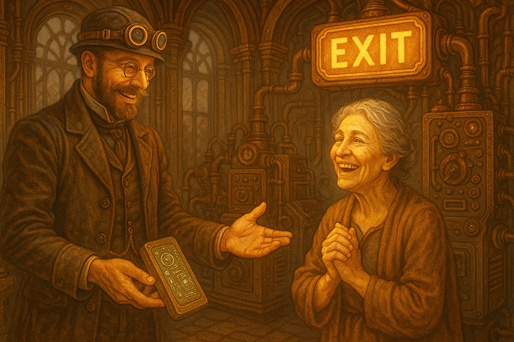 Man smiling at woman who looks overjoyed, in front of an exit sign.