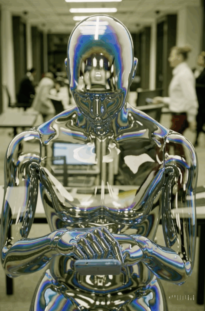Transparent, almost glass like robot with head bowed clasping its hands.