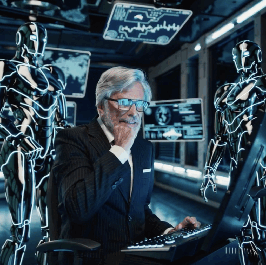 Man in suit with glasses looking intently at.a screen with holographic robots around