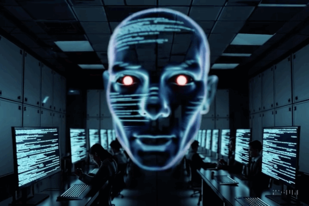 head with lights for eyes in room of busy screens