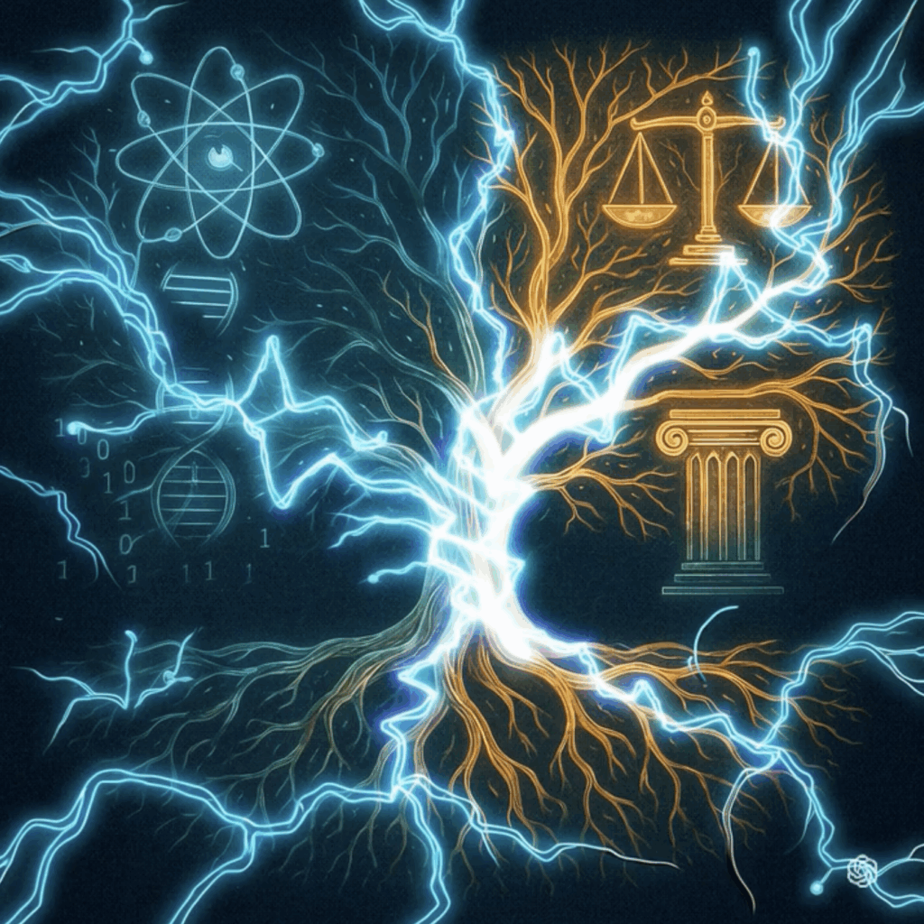 synapse inspired drawing with dna helix, atoms.scales of justice and classical column