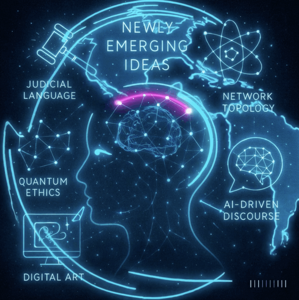 Brain with "Newly emerging ideas", "network topology", "ai-driven discourse", "digital art", "quantum ethics" and "judicial language"