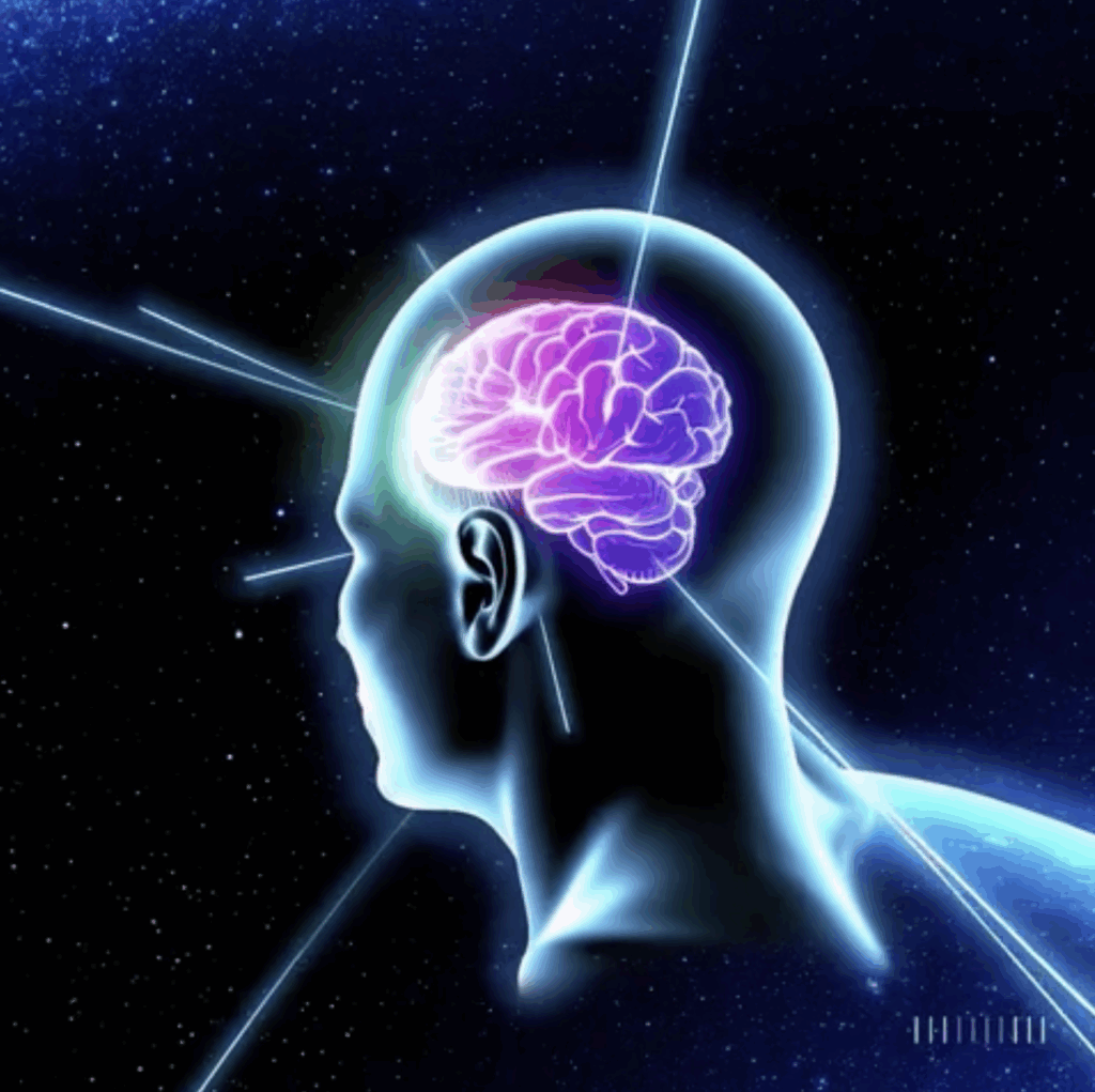 bald head looking into the distant universe with lightrays interacting with a brain.