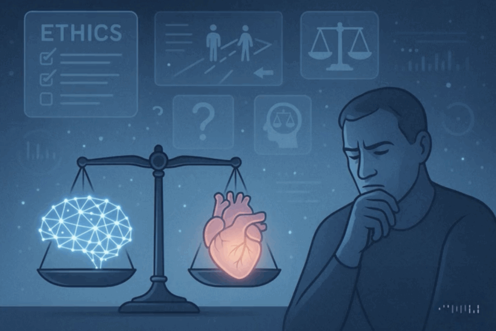 Man looking at scales of justice one side with a brain and one side with a heart.