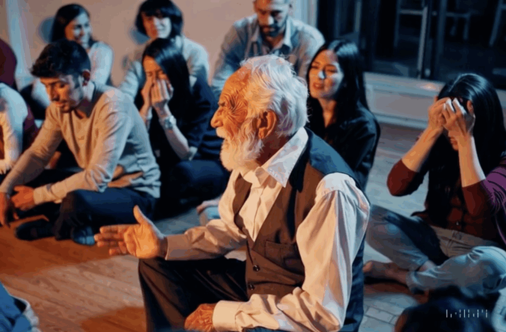 Older bearded man sitting crosslegged with younger people, explaining something.