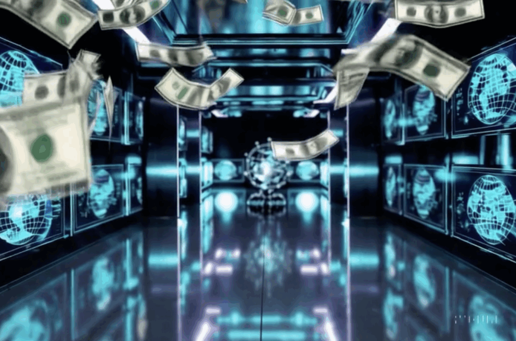 Money in the air, falling in a room of screens