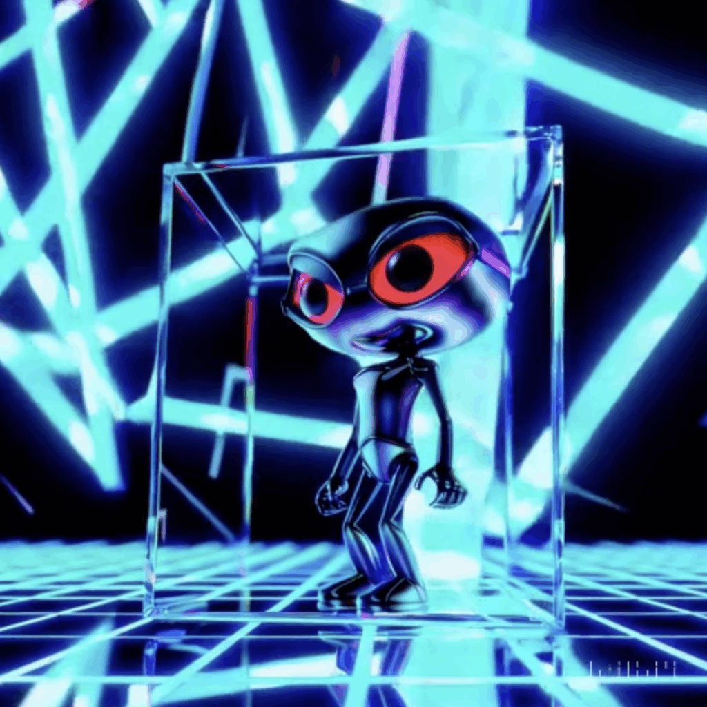 Bad robot, big head, red eyes in a cube